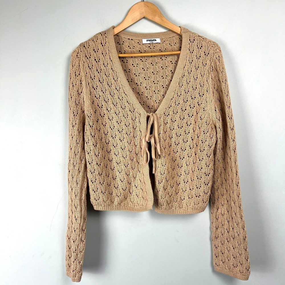 RSQ Women XL Pointelle Tie Front Cropped Cardigan Sweater Layering Coquette Boho